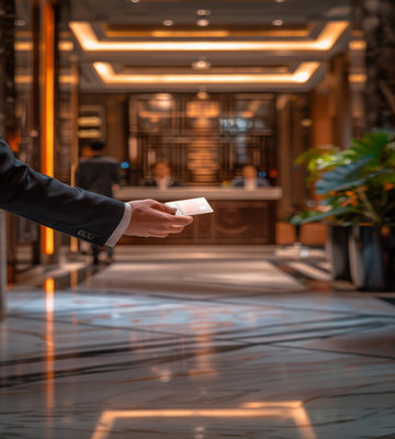 Elegant shot of a hotel receptionist handing over a key card in a minimalist setting,